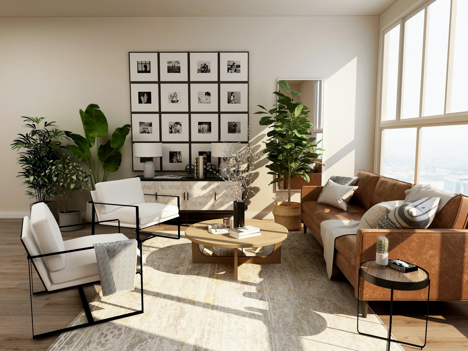 Warm minimalist interior with natural light and sculptural furniture